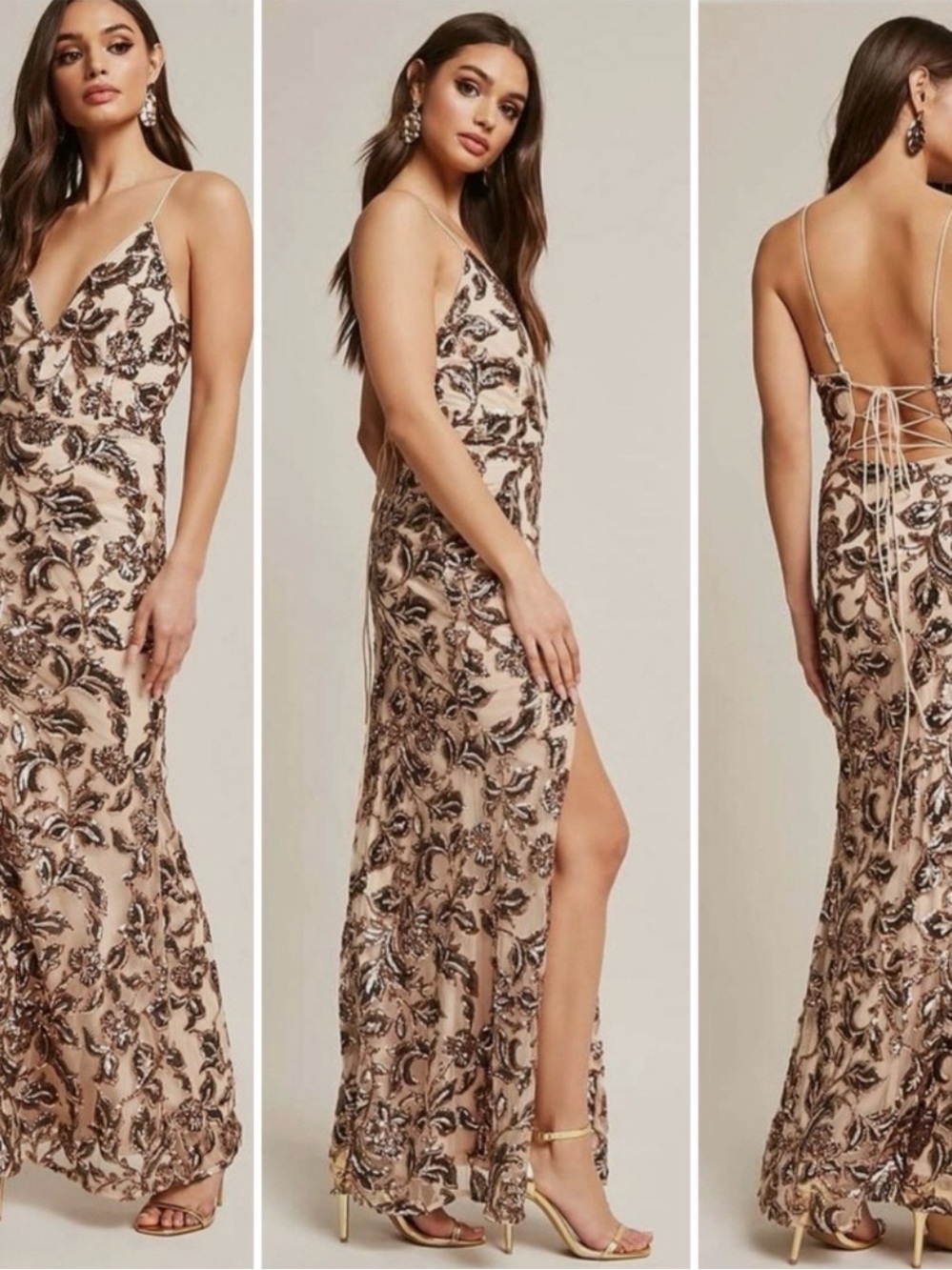 Beaded Nude Sequin Maxi Dress with Spaghetti Straps